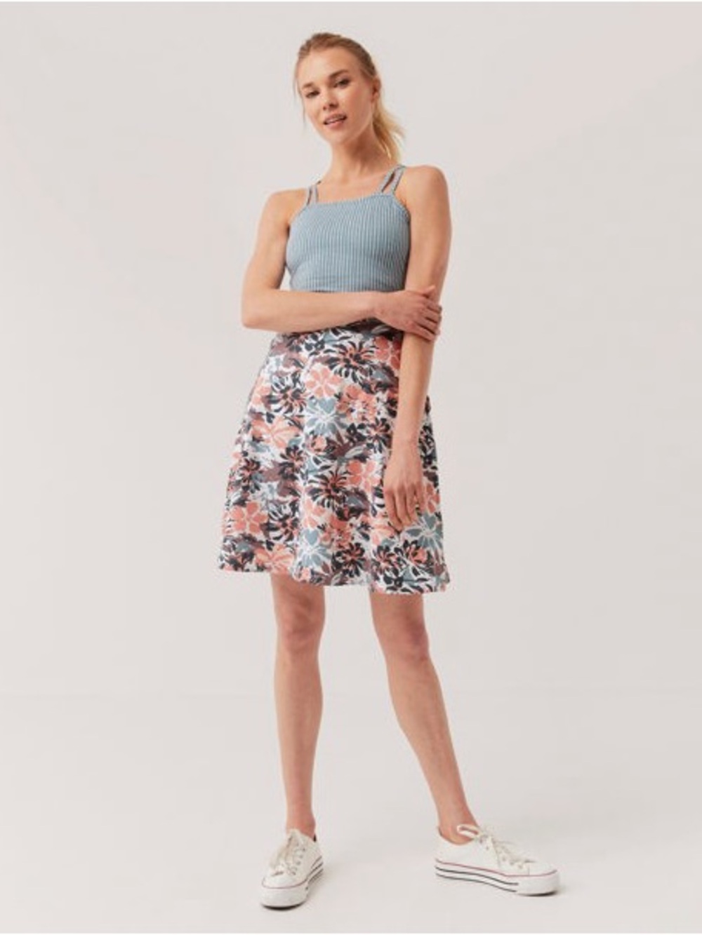 Pact Blue-Striped Bodice Coral Floral Midi Dress